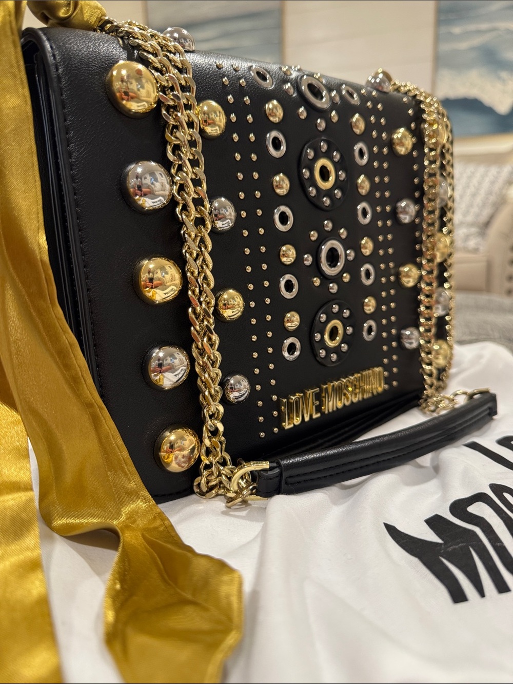 Love Moschino Bag Black Studded Chain Crossbody Shoulder Bag with Gold Accents - Picture 3 of 17